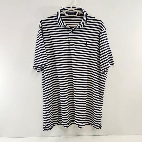 Polo Ralph Lauren Classic Fit Navy Blue White Striped Collared T-Shirt Mens XL - Picture 1 of 10